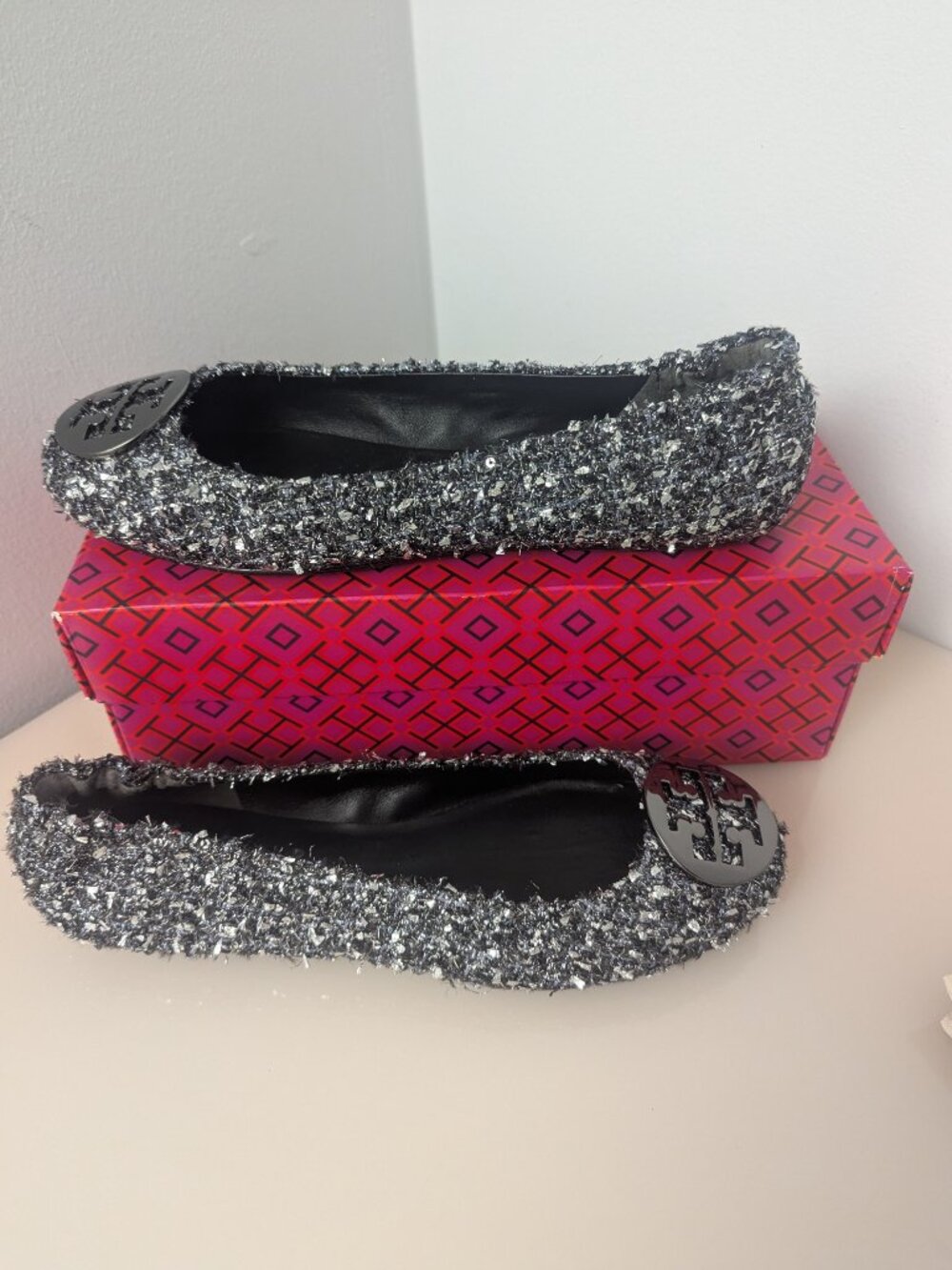 Tory Burch $348 LUREX SPARKLY BLINGY Minnie Ballet Travel Flats Tweed MANY SIZES - Picture 9 of 14